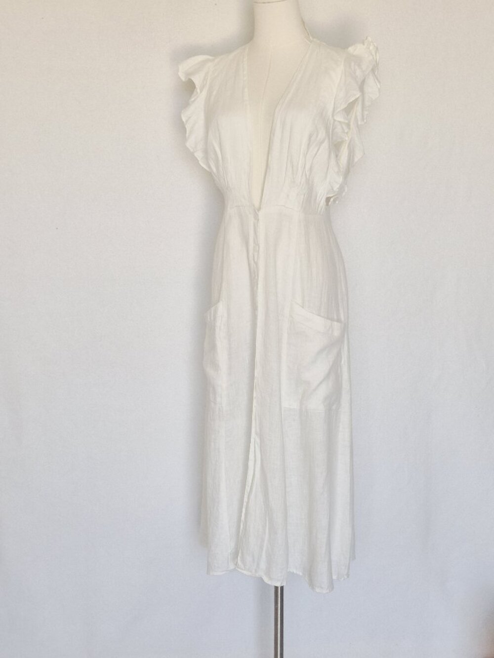 Reformation Linen Ruffle Sleeveless Deep V-Neck Midi Dress Button-Front Pocket - Picture 4 of 15